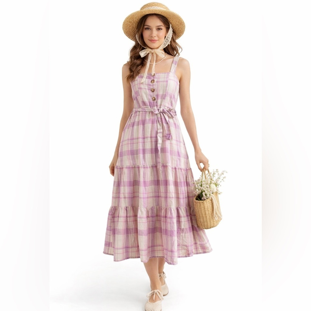 Love Riche Slub Plaid midi Dress lavender tiered cotton boho cottagecore size L